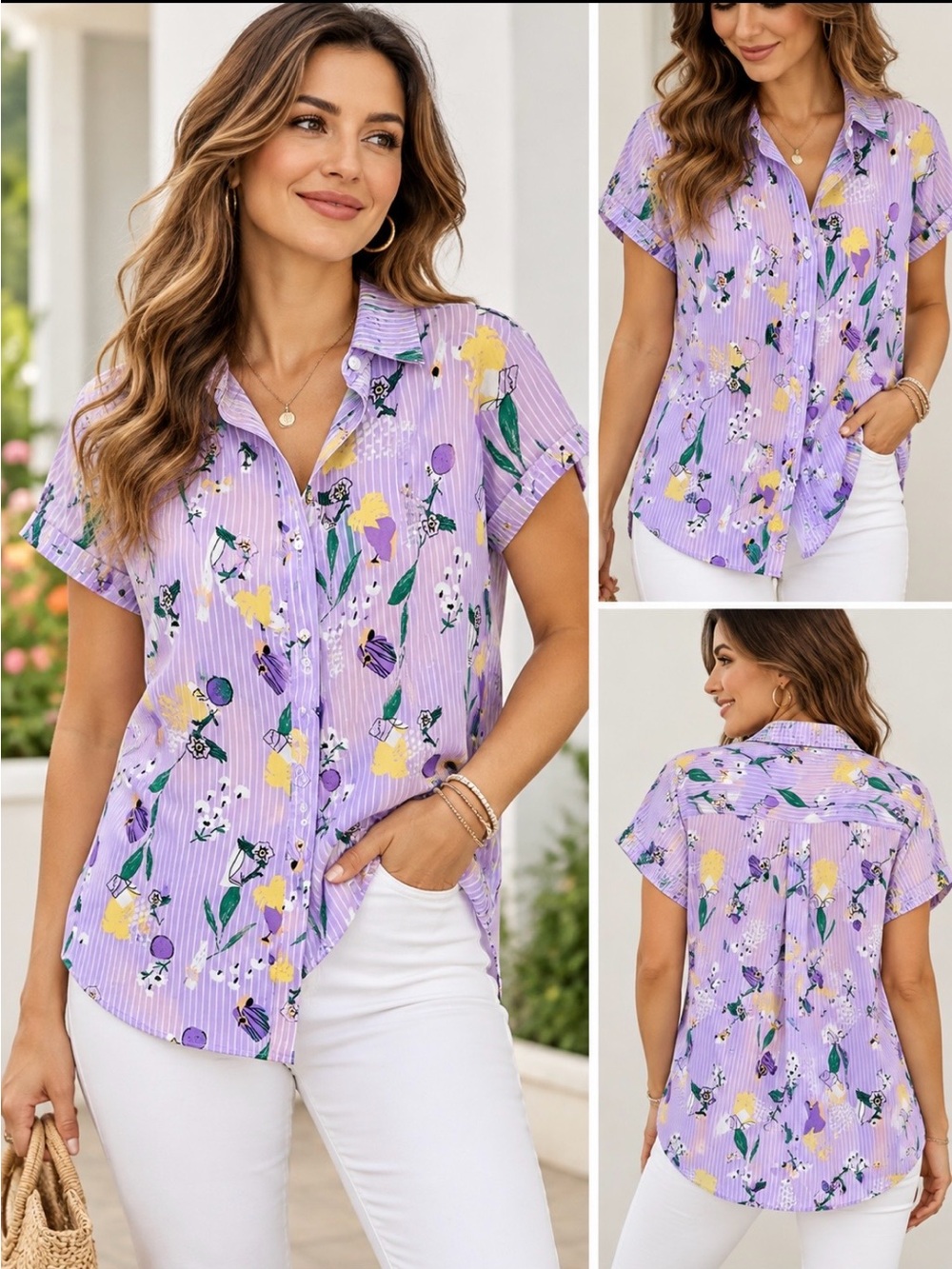 QIZI Women’s Purple Floral Stripe Button Up Shirt Short Sleeve Cottagecore Small